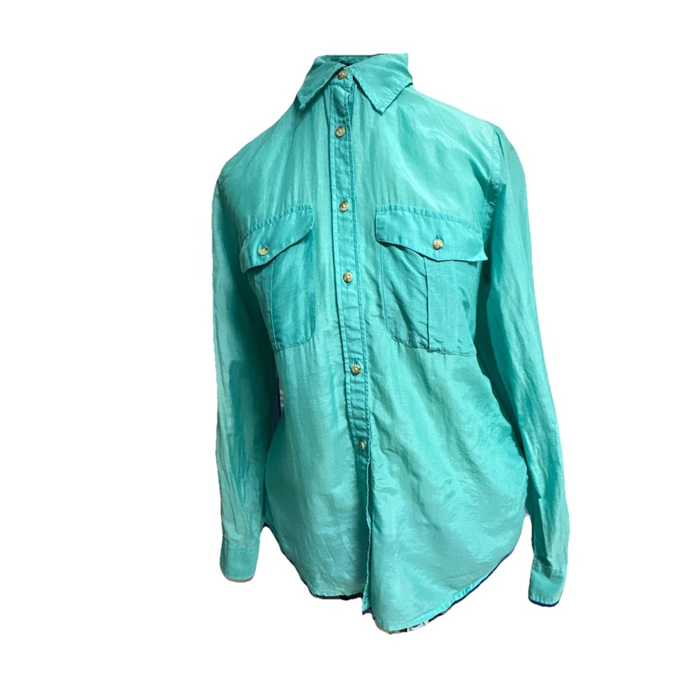 Lauren Ralph Lauren Women's Sz S Sleeves Shirt Teal Color Blend Cotton/silk